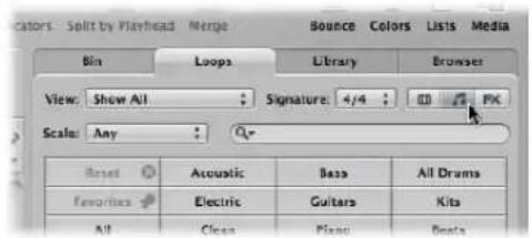 Color: Split by Playhead Merge Bounce Colors Lists Media Bin Loops Library Browser View: Show All Signature: 4/4 PK Scale: Any Reset Acoustic Base All Drums Favorites Electric Guitars Kits All Clean Place Beats