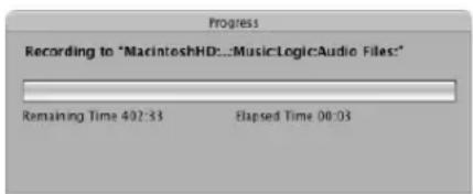 Recording to "MacintoshHD:...MusicLogicAudio Files:" Remaining Time 402:33 Elapsed Time 00:03