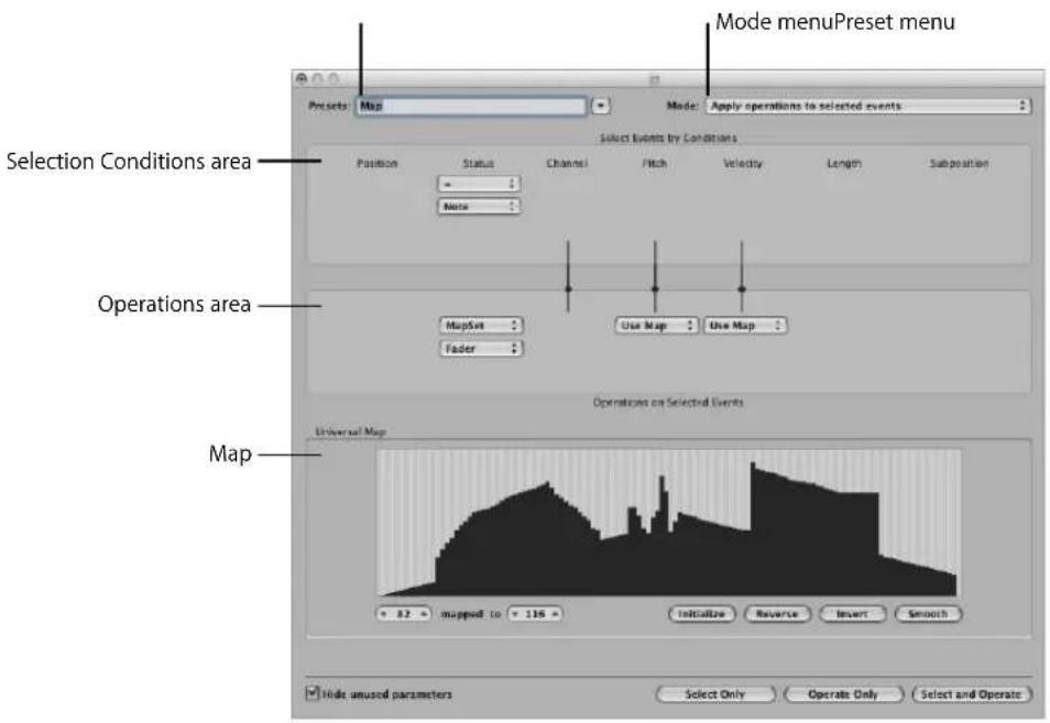 Mode menuPreset menu Presets Map Mode: Apply operations to selected events Select Events by Conditions Position Status Channel Fitch Velocity Length Subposition Note Selection Conditions area Operations area MapSet Use Map Use Map Fader Operations on Selected Events Universal Map 82 mapped to 116 Initialize Reverse Insert Smooth Hide unused parameters Select Only Operate Only Select and Operate