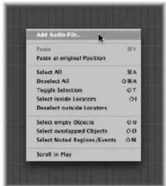Add Audio File... Paste RV Paste at original Position Select All EA Deselect All BA Toggle Selection CT Select inside Locators OT Deselect outside Locators Select empty Objects OU Select overlapped Objects OO Select Nated Regions/Events ON Scroll in Play