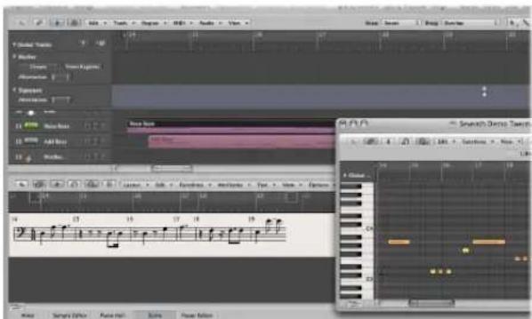 Screenshot of a music editing software interface showing track controls, preview window, and playback controls with waveform graphs.