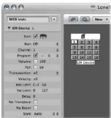 MIDI Instr. GM Device: L Icon: ✓ Port: Off Channel: 1 Program: ✓ - 0 Volume: 100 Pan: 64 Transposition: ±0 Velocity: ±0 Key Limit: C-2 GS Val Limit: 0 127 Delay: 0 No Transport: No Reset: Style: Auto New 1 2 3 4 5 6 7 8 9 10 11 12 13 14 15 16 GM Device