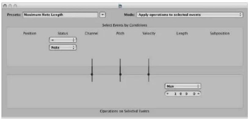 Presets: Maximum Note Length Mode: Apply operations to selected events Select Events by Conditions Position Status Channel Pitch Velocity Length Subposition =: Note Max 1 0 0 0 Operations on Selected Events