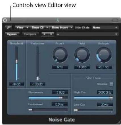 Controls view Editor view View Show CS Show Insert Side Chain: None Bypass Compare Threshold Reduction Attack Hold Release 44dB 10dB 8ms 10ms 45.1ms Side Chain: Monitor High Cut 2000Hz Low Cut 20Hz Noise Gate