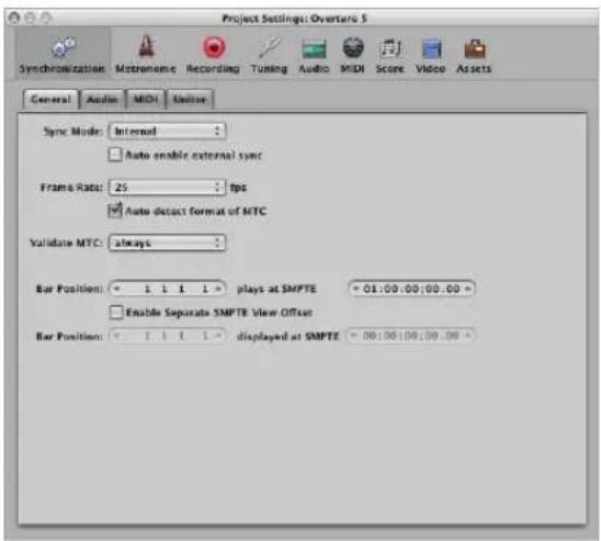 Project Settings: Overteris 5 Synchronization Motromance Recording Tuning Audio MIDI Score Video Assets General Audio MIDI Unifor Sync Mode: Internal Auto enable external sync Frame Rate: 25 fps Auto detect format of MTC Validate MTC: always: Bar Position: 1 1 1 1 plays at SMPTE 01:00:00:00.00 Enable Separate SMPTE View Offset Bar Position: 1 1 1 displayed at SMPTE 00:00:00:00.00