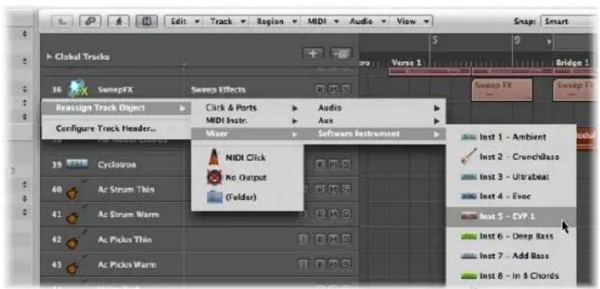 Global Tracks SweepFX Reassign Track Object Configure Track Header... 36 35 40 41 42 43 Sweep Effects Click & Ports MIDI Instr. Mixer Audio Aux Software Instrument MIDI Click No Output (Folder) Inst 1 - Ambient Inst 2 - CrunchBass Inst 3 - Ultrabeat Inst 4 - Evoc Inst 5 - CVP 1 Inst 6 - Deep Bass Inst 7 - Add Bass Inst 8 - In 8 Chords