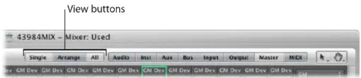 View buttons 43984MIX - Mixer: Used Single Arrange All Audio Inst Aux Bus Input Output Master MIDI Dev GM Dev GM Dev CM Dev GM Dev GM Dev GM Dev GM Dev GM Dev GM Dev GM Dev