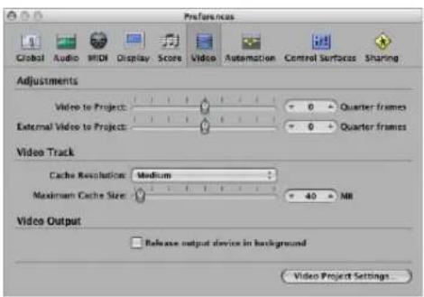Preferences Global Audio MIDI Display Score Video Automation Control Surfaces Sharing Adjustments Video to Project: 0 Quarter frames External Video to Project: 0 Quarter frames Video Track Cache Resolution Medium Maximum Cache Size: 40 MB Video Output Release output device in background Video Project Settings...