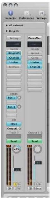 Inspector Preferences Settings 42 selected Ring Gir Setting DanceMa... Inserts BingsNift ChanIQ Limiter Termoals Inserts Spinset Comp Limiter ChanIQ Sends Bus 1 Bus 2 M/D FM1 Output1-2 Track 3 Output 1-2 Read Read +35 0.0 0.0 0.0 Once