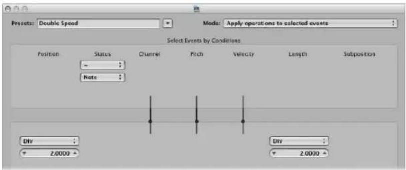 Presets: Double Speed Mode: Apply operations to selected events Select Events by Conditions Position Status Channel Pitch Velocity Length Subposition - : Note : DIV : 2.0000 Div : 2.0000