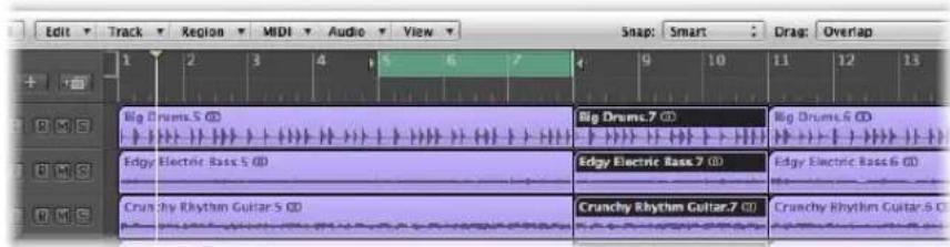 Edit Track Region MIDI Audio View Snap: Smart Drag: Overlap 1 2 3 4 5 6 7 8 9 10 11 12 13 Big Drum.5 (D) Big Drum.7 (D) Big Drum.6 (D) Edgy Electric Bass.5 (D) Edgy Electric Bass.7 (D) Edgy Electric Bass.6 (D) Crunchy Rhythm Guitar.5 (D) Crunchy Rhythm Guitar.7 (D) Crunchy Rhythm Guitar.6 (D)
