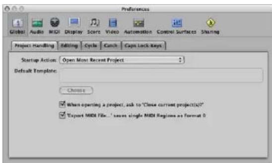 Preferences Global Audio MIDI Display Scree Video Automation Control Surfaces Sharing Project Handling Editing Cycle Catch Caps Lock Keys Startup Action: Open Most Recent Project Default Template: Choose When opening a project, ask to "Close current project(s)?" Export MIDI File...1 saves single MIDI Regions as Format 0