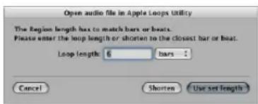 Open audio file in Apple Loops Utility The Region length has to match bars or beats. Please enter the loop length or shorten to the closest bar or beat. Loop length: 6 bars Cancel Shorten Use set length