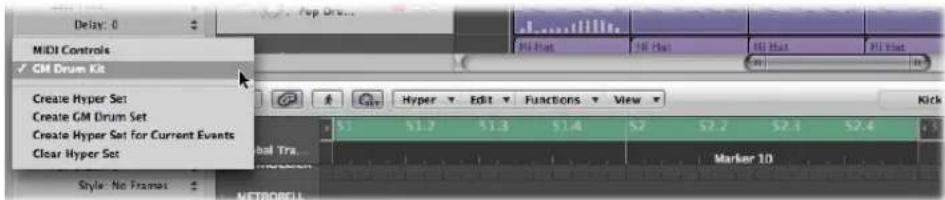 Delay: 0 MIDI Controls ✓ GM Drum Kit Create Hyper Set Create GM Drum Set Create Hyper Set for Current Events Clear Hyper Set Hyper Edit Functions View Kick 5.1 51.2 51.3 51.4 52 52.2 52.3 52.4 Marker 10 Style: No Frames METROBELL