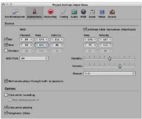 Project Settings: Super Dupa Synchronization Matenems Recording Tuning Audio MIDI Score Video Assets Source MIDI Channel Note Velocity + 10 - C#1 + 112 - + 10 - D#1 + 88 - Division - C#1 - 52 - MIDI Port All Software Click Instrument (KleptCelist) Note Velocity + C#2 - 127 - + FS - 112 - + C2 - 60 - Tonality: Volume: Output: 3-2 Netronome plays through built-in speakers Options Click while recording Only starting cloud-in Click while playing Polyphonic Clicks