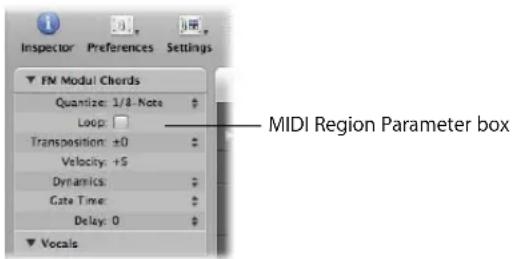 Inspector Preferences Settings FM Modul Chords Quantize: 1/8 - Note Loop: Transposition: ±0 Velocity: +5 Dynamics: Gate Time: Delay: 0 Vocals MIDI Region Parameter box