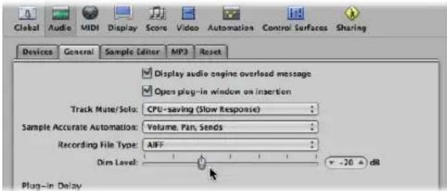 Global Audio MIDI Display Score Video Automation Control Surfaces Sharing Devices General Sample Editor MP3 Reset Display audio engine overload message Open plug-in window on insertion Track Mute/Solo: CPU-saving (Slow Response) Sample Accurate Automation: Volume, Pan, Sends Recording File Type: AIFF Dim Level: 20 dB Plug-in Delay