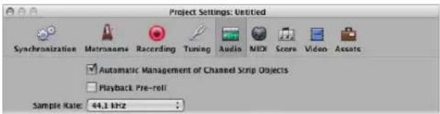 Project Settings: Untitled Synchronization Matronema Recording Tuning Audio MIDI Score Video Assocs Automatic Management of Channel Strip Objects Playback Pre-roll Sample Rate: 44.1 kHz