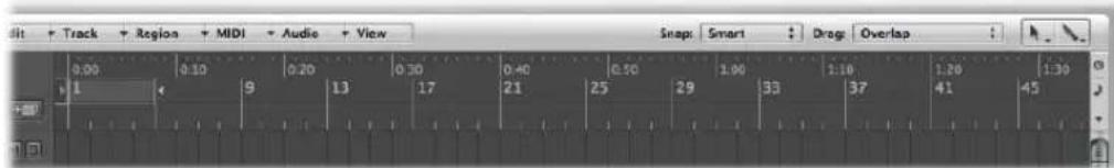 Track Region MIDI Audio View Snap: Smart Drag: Overlap 0.00 1 0.10 9 0.20 13 0.30 17 0.40 21 0.50 25 1.00 29 1.10 33 1.20 37 41 45 1.30