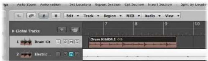 Auto Zoom Automation Set Locators Repeat Section Cut Section Insert Section Split by Locate Edit Track Region MIDI Audio View Global Tracks 1 Drum Kit 2 Electric ...