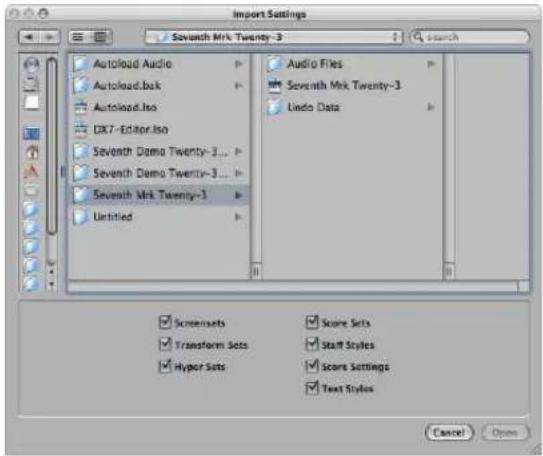 Import Settings Seventh Mrk Twenty-3 Autoload Audio Autoload.bak Autoload.lso DX7 -Editor.lso Seventh Demo Twenty-3... Seventh Demo Twenty-3... Seventh Mrk Twenty-3 Untitled Audio Files Seventh Mrk Twenty-3 Undo Data Screensets Transform Sets Hyper Sets Score Sets Staff Styles Score Settings Text Styles Cancel Open
