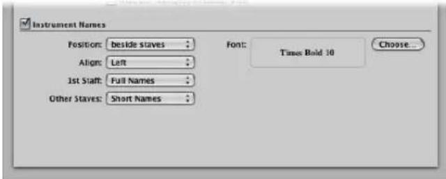 Instrument Names Position: beside staves Align: Left 1st Siaft: Full Names Other Staves: Short Names Font: Times Bold 30 Choose...