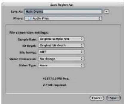 Save Region As: Save As: Main Drums Where: Audio Files File conversion settings: Sample Rate: Original sample rate Bit Depth: Original bit depth File Format: ABF Stereo Conversion: No change Dither Type: None 41.8775.6 MB free. 2.7 MB required. Cancel Save