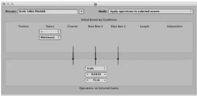Presets: Scale 14bit Pitch8d Mode: Apply operations to selected events Select Events by Conditions Position Status Channel Data Byte 1 Data Byte 2 Length Subposition = :! Pitchband Scale 0.0833 7510 Operations on Selected Events