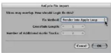 ReCycle file import Slices may overlap. How should Logic fix this? Fix Method: Render into Apple Loop Crosstalk Length: 5 Number of Additional Audio Tracks: 2 Cancel OK