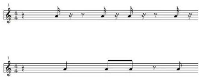 Musical notation with treble and bass clefs, showing notes and rests in 4/4 time signature