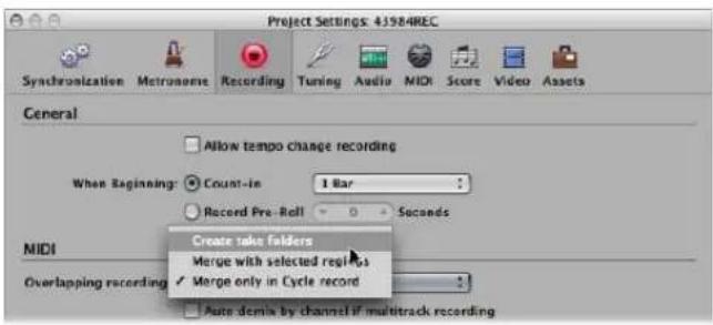 Project Settings: 4J984REC Synchronization Metronome Recording Tuning Audio MIDI Score Video Assets General Allow tempo change recording When Beginning: Count-in 1 Bar Record Pre-Roll Seconds Create take folders Merge with selected registers Merge only in Cycle record Overlapping recording Auto demix by channel if multitrack recording