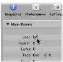 Inspector Preferences Setting ▼ Main Drums Loop: ✓ Fade In: 0 Curve: 0 Fade: Out + 0 Curve: 0