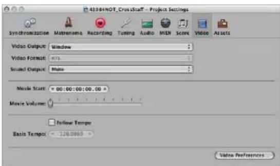 43984NOT_CrossStaff - Project Settings Synchronization Matematics Recording Tuning Audio MDI Score Video Assets Video Output: Window Video Format: MTS Sound Output: Muto Movie Start: 00:00:00:00.00 Movie Volume: Follow Tempo Basis Temp: 120.0000 Video Preferences