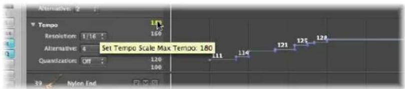 Set Tempo Scale Max Tempo: 180 Tempo Resolution 1/16 150 Alternative 4 Quantization Off 120 111 114 121 125 128 39 Nylon End