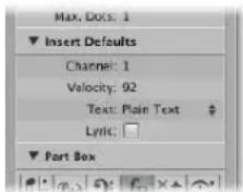 Max. DOK: 1 ▼ Insert Defaults Channel: 1 Velocity: 92 Text: Plain Text Lyric: ▼ Part Box