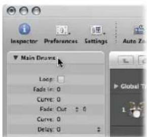 Inspector Preferences Settings Auto Z ▼ Main Drums Loop: Fade in: 0 Curve: 0 Fade: Out + 0 Curve: 0 Delay: 0 Global T