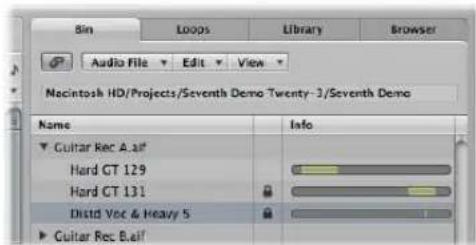 Sin Loops Library Browser Audio File Edit View Nacintosh HD/Projects/Seventh Demo Twenty-3/Seventh Demo Name Info ► Guitar Rec A.aif Hard GT 129 Hard CT 131 Distd Vec & Heavy S ► Guitar Rec B.aif