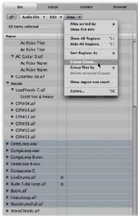Audio File Edit View 10 items selected Name Ac Pickn Thin Ac Pickn Thin AC Guitar D.ai Ac Pickn Warm Ac Pickn Warm Guitar8nc.68.ai Vocals LeadVocals C.ai Distd Voc & Heavy CIPI#04.ai CIPI#14.ai CIPI#11.ai CIPI#03.ai CIPI#12.ai CIPI#13.ai DeepLoop.wav CongaLoop.wav CongaLoop B.wav DeepLoop B.wav CongaLoop C LiveDrums.ai Rude Tube Loop.ai Boom.ai HeavyLoop.ai MaindrumsFull.ai ShineChords.ai Files sorted by Show File Info Show All Regions Hide All Regions Sort Regions by Create Group... Group files by Delete selected Groups Show region use count Colors... ℃C