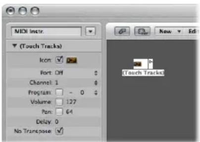 MIDI Instr. (Touch Tracks) Icon: ✓ Port: Off Channel: 1 Program: - 0 Volume: 127 Pan: 64 Delay: 0 No Transpose ✓ New Edit (Touch Tracks)