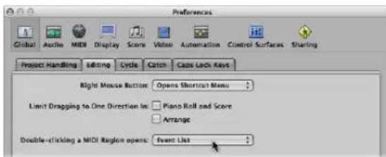 Preferences Global Audio MIDI Display Score Video Automation Control Surfaces Sharing Project Handling Editing Cycle Catch Caps Lock Keys Right Mouse Button Opens Shortcut Menu Limit Dragging to One Direction Inc Piano Roll and Score Arrange Double-clicking a MIDI Region opens Event List