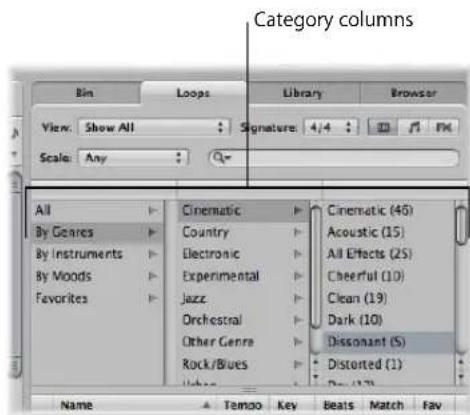 Category columns Bin Loops Library Browser View: Show All Signature: 4/4 FX Scale: Any All Cinematic Cinematic (45) By Genres Country Acoustic (15) By Instruments Electronic All Effects (25) By Moods Experimental Cheerful (10) Favorites Jazz Clean (19) Orchestral Dark (10) Dissonant (5) Rock/Blues Distorted (1) Rev (17) Name Tempo_Key Beats Match Fav