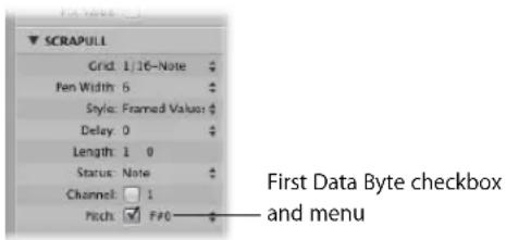 SCRAPULL Grid: 1/16-Note Pen Width: 6 Style: Framed Value: Delay: 0 Length: 1 0 Status: Note Channel: 1 Pitch: FPO First Data Byte checkbox and menu