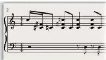 Musical score snippet showing two staves with notes, rests, and articulation marks