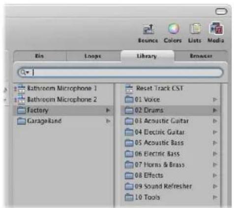 Bounce Colors Lists Media Bin Loops Library Browser Bathroom Microphone 1 Bathroom Microphone 2 Factory GarageBand Reset Track CST 01 Voice 02 Drums 03 Acoustic Guitar 04 Electric Guitar 05 Acoustic Bass 06 Electric Bass 07 Horns & Brass 08 Effects 09 Sound Refresher 10 Tools