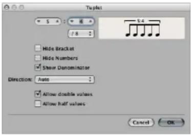 Tuplet 5 4 3 F8 Hide Bracket Hide Numbers Show Denominator Direction: Auto Allow double values Allow half values Cancel OK