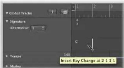 Global Tracks Signature Alternative: Tempo Marker Insert Key Change at 2 : 1 : 1