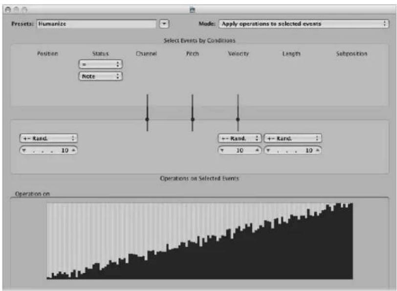 Presets: Humanize Mode: Apply operations to selected events Select Events by Conditions Position Status Channel Pitch Velocity Length Subposition =: Note +- Rand. 10 Operations on Selected Events Operation on