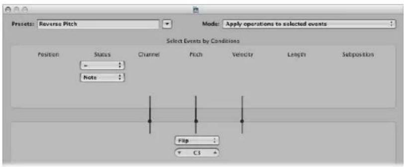 Presets: Reverse Pitch Mode: Apply operations to selected events Select Events by Conditions Position Status Channel Pitch Velocity Length Subposition - + Note - Flip C3