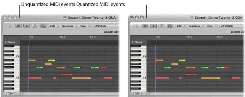Unquantized MIDI events Quantized MIDI events Seventh Demo Twenty-3 QUA - Seventh Demo 79 79.2 79.3 Global C4 C1 Seventh Demo Twenty-3 QUA - Seventh Demo 79 79.2 79.3 Global C4 C1