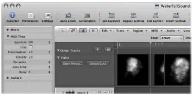 WaterfallSound Inspector Preferences Settings Auto Zoom Automation Set Locators Repeat Section Cut Section Insert Section Movie MIDI Thru Quantile: Off Loop: Transportation: ±0 Velocity: ±0 Dynamics: Cate Time: Delay: 0 Audio 1 Global Tracks Video Open Movie... Detect Cuts Audio 1 1 2 3 4 5 Snap Smart Draw